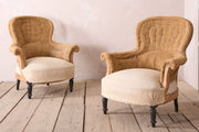 Pair of hessian curved back Napoleon III armchairs - TallBoy Interiors