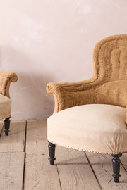 Pair of hessian curved back Napoleon III armchairs - TallBoy Interiors