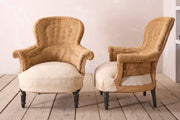 Pair of hessian curved back Napoleon III armchairs - TallBoy Interiors