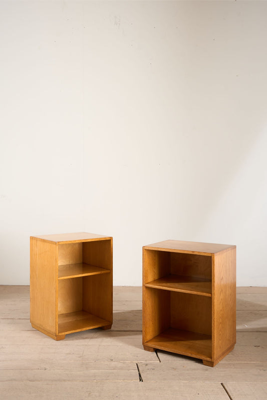 Pair of satin finish oak war department bedside tables