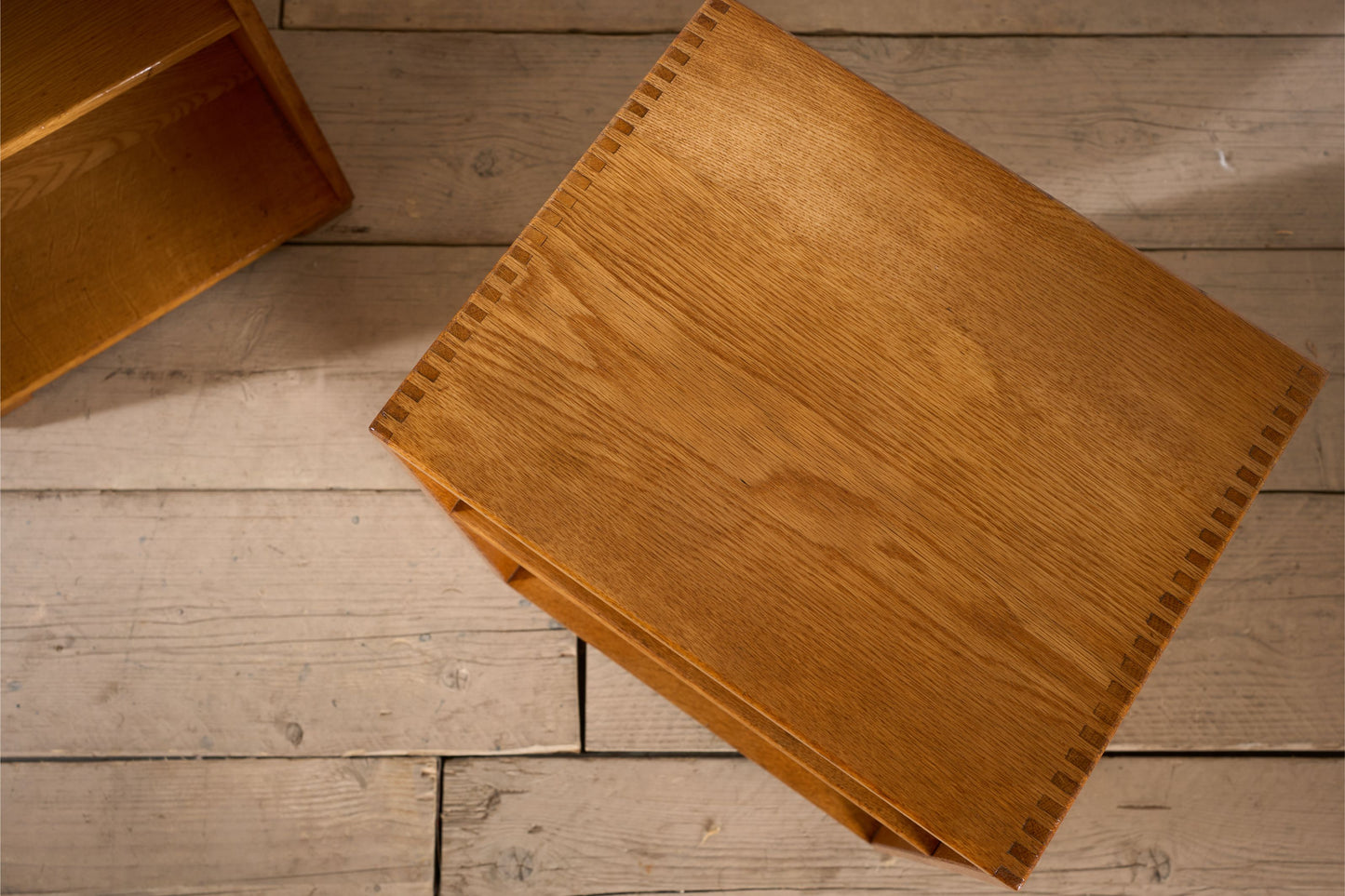 Pair of satin finish oak war department bedside tables
