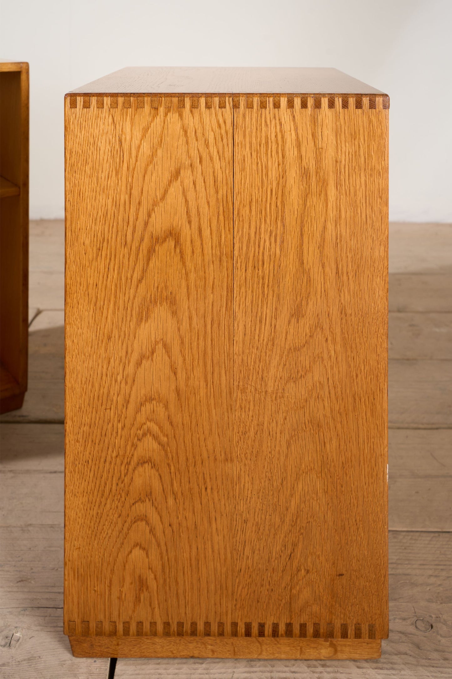 Pair of satin finish oak war department bedside tables