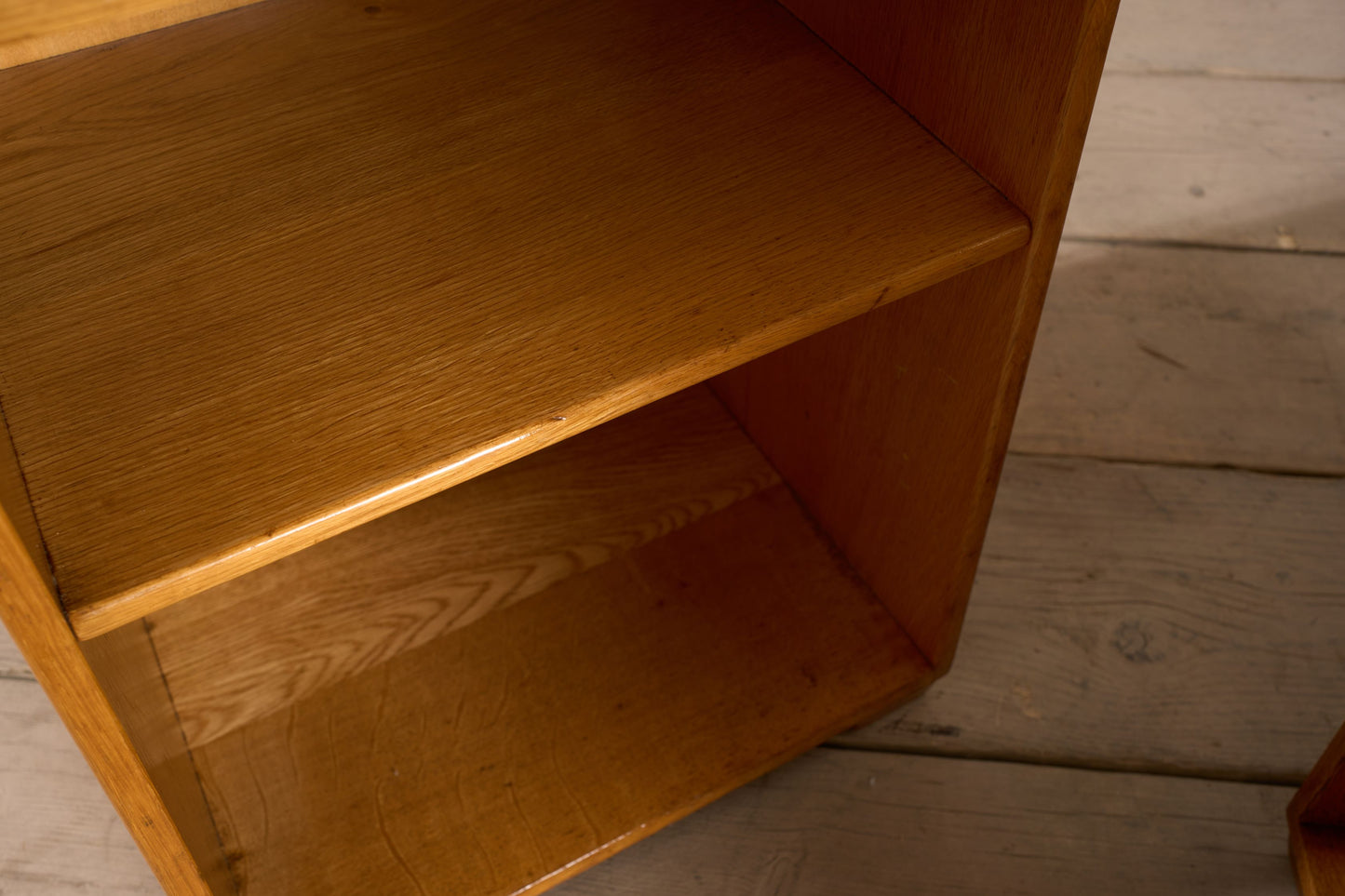 Pair of satin finish oak war department bedside tables