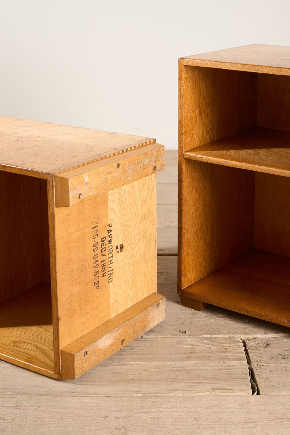 Pair of satin finish oak war department bedside tables