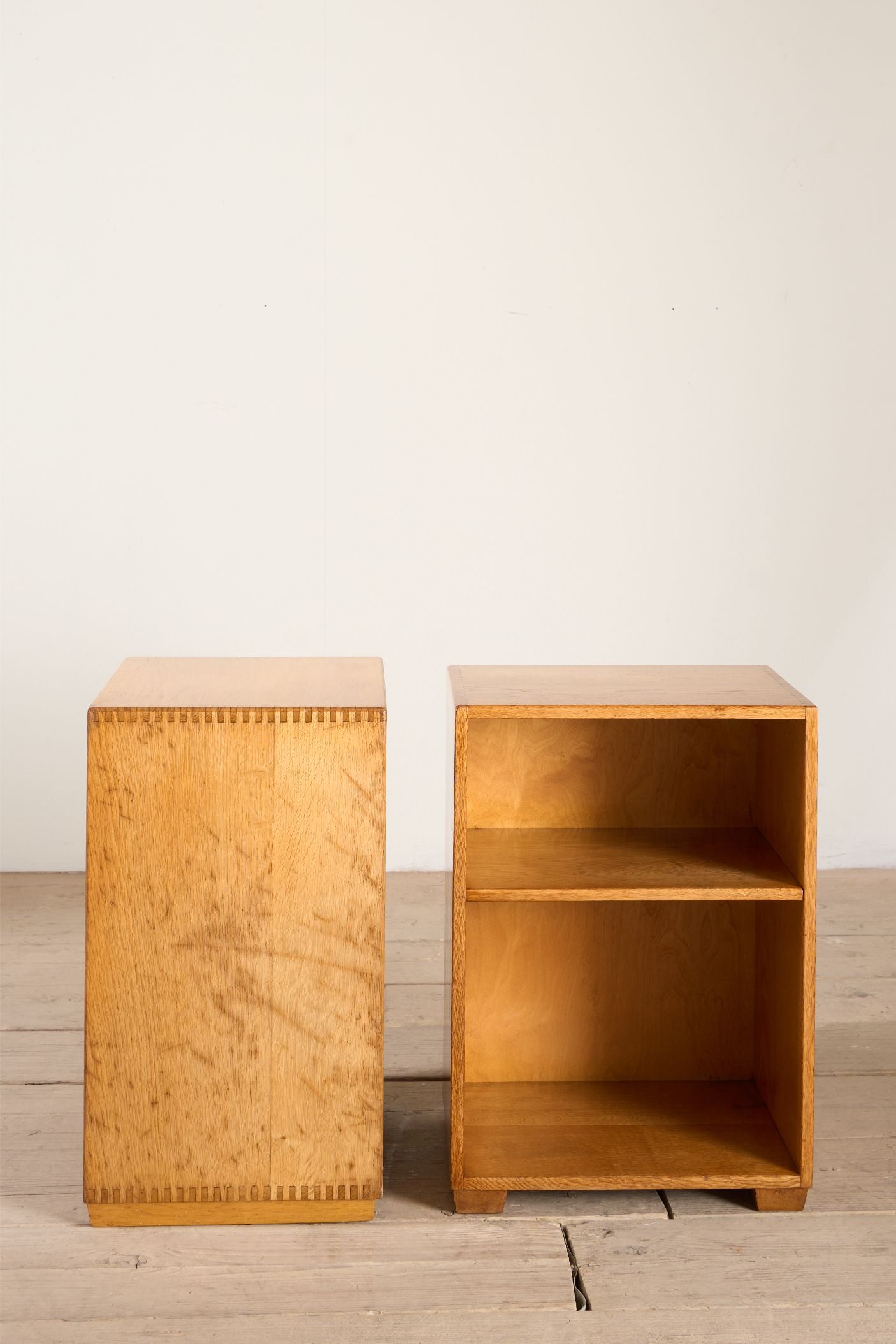 Pair of satin finish oak war department bedside tables