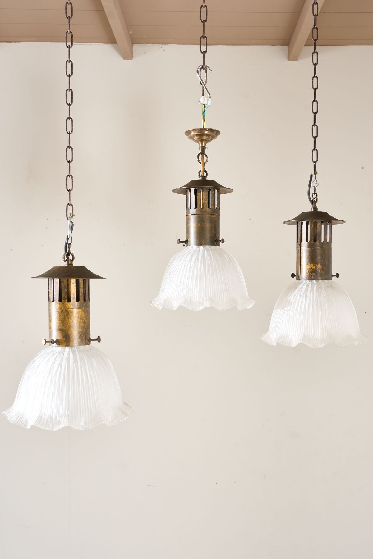 Trio of 20th century Holophane pendant lights - TallBoy Interiors