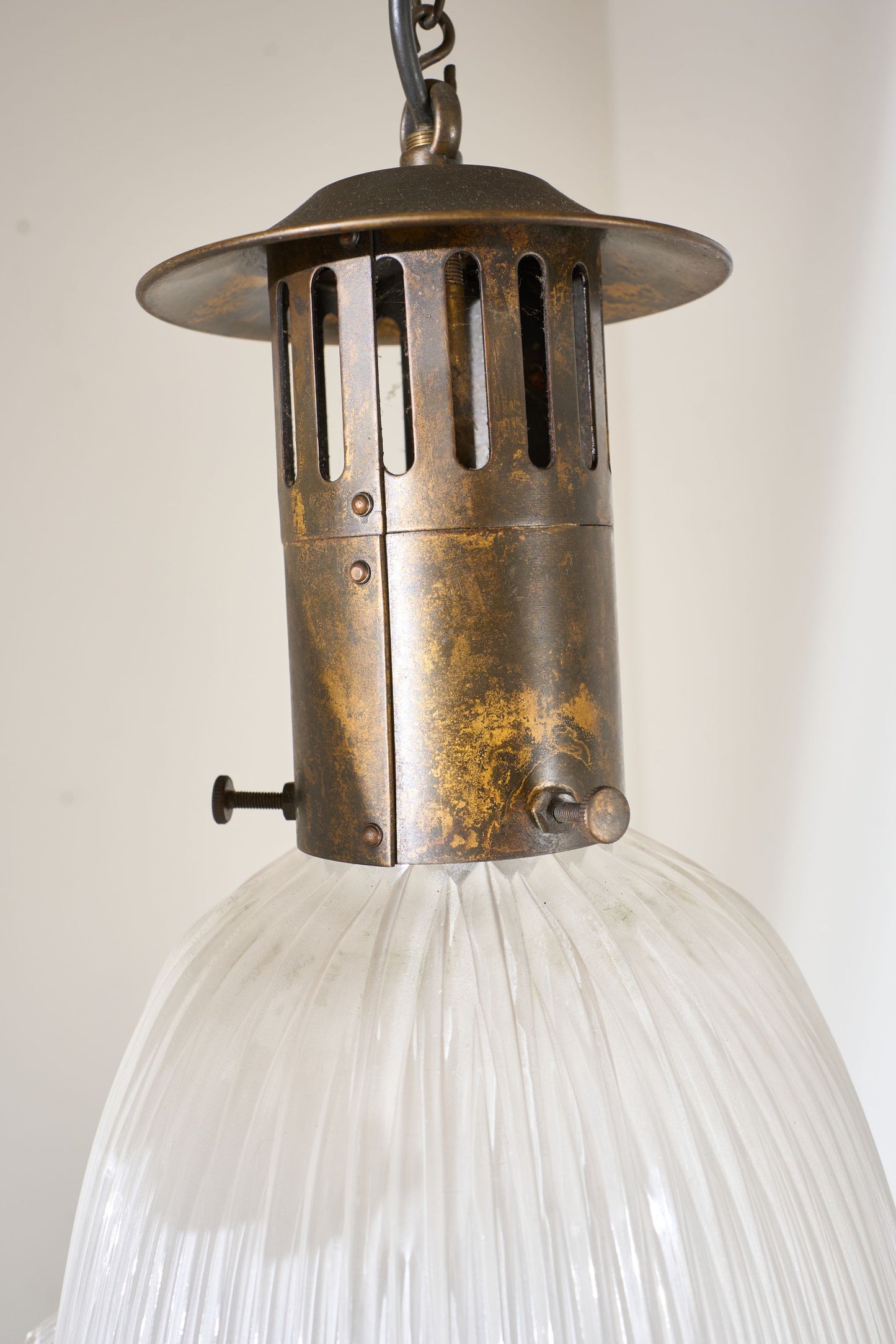 Trio of 20th century Holophane pendant lights
