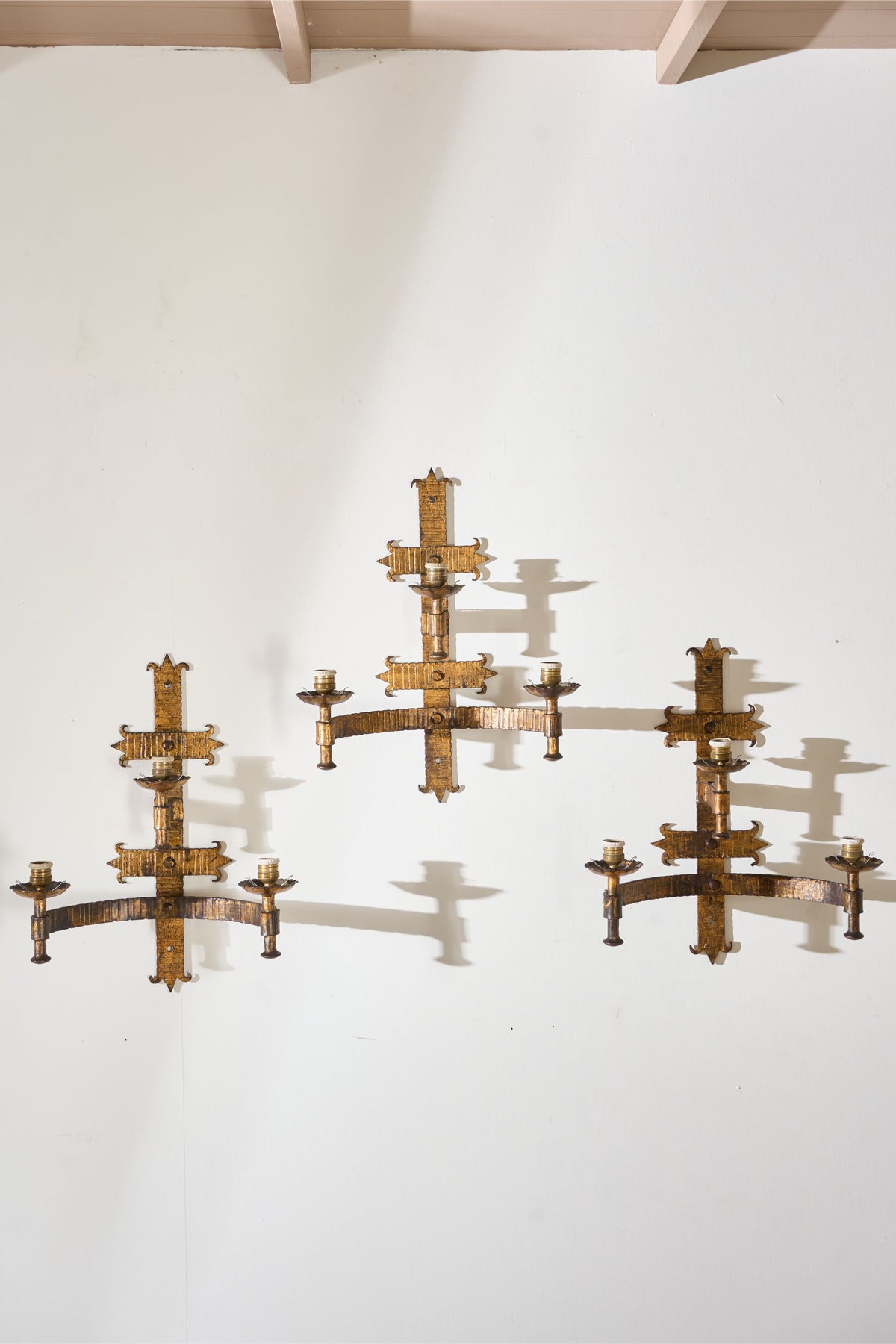 Trio of Mid century Spanish gilt metal wall lights - TallBoy Interiors