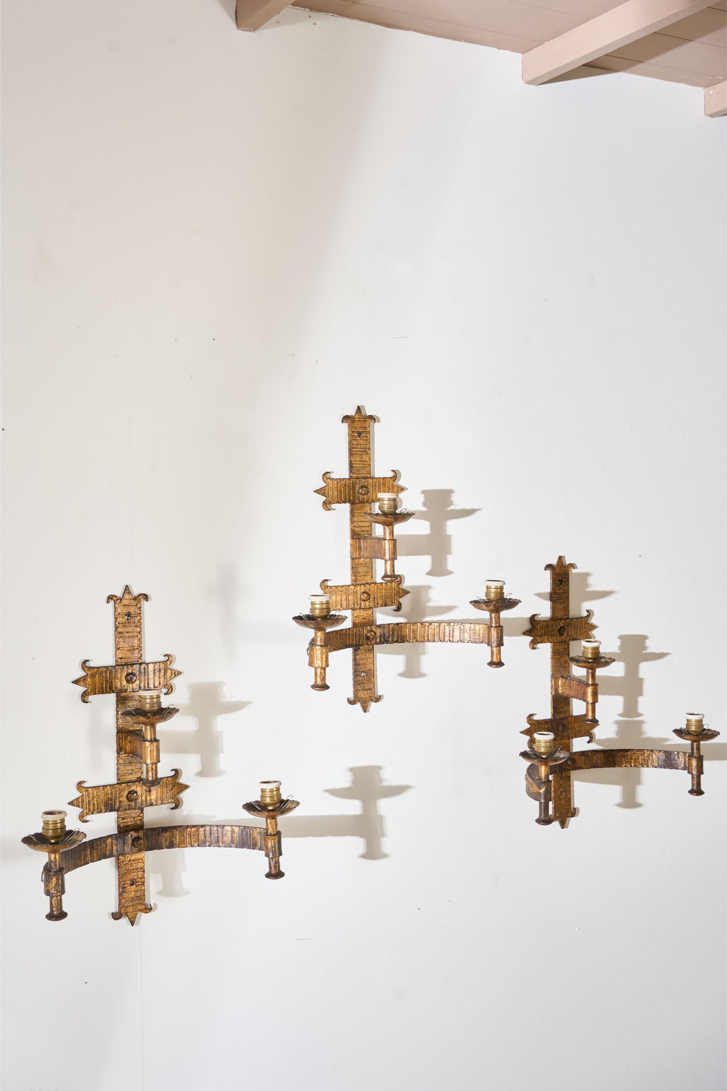 Trio of Mid century Spanish gilt metal wall lights
