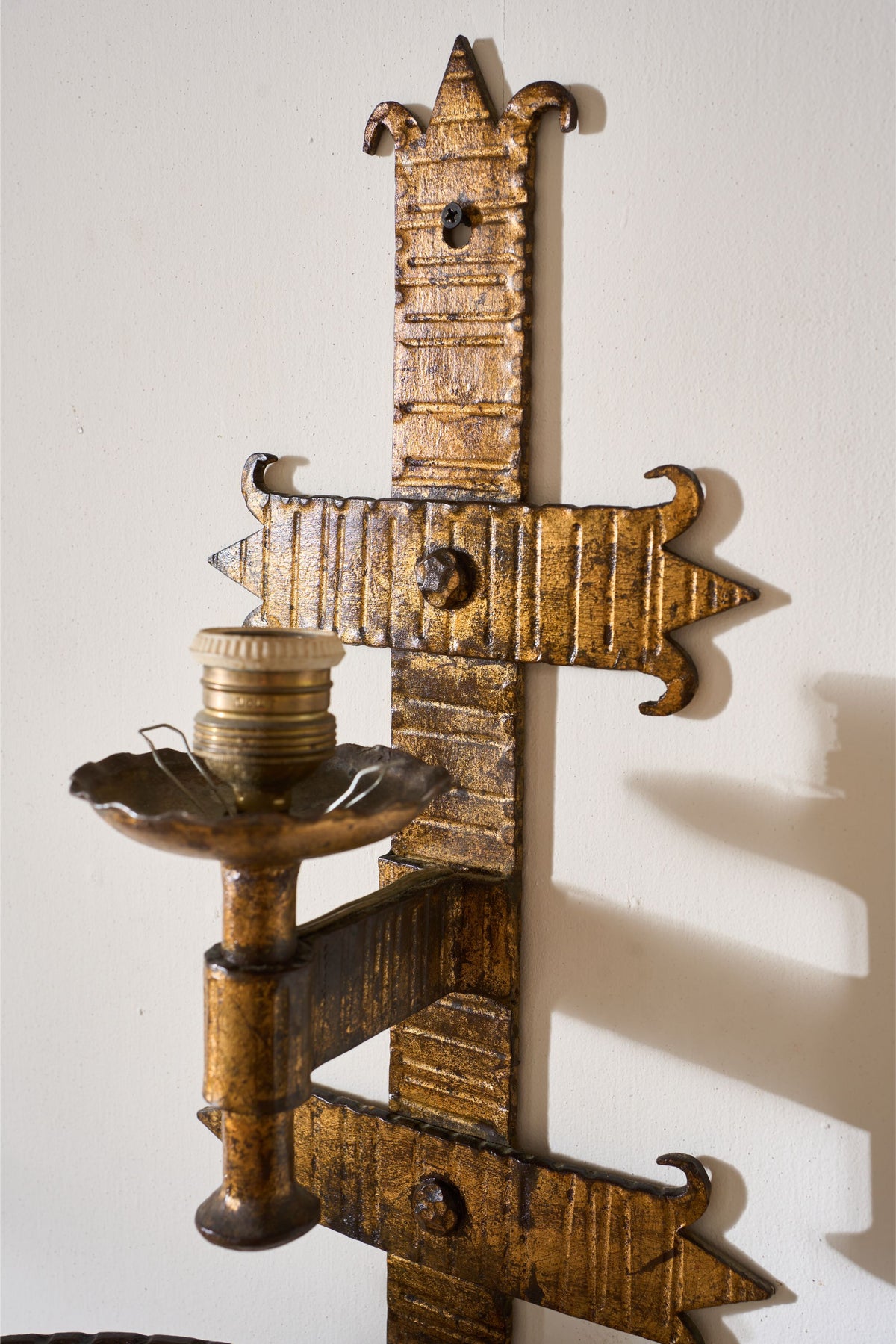 Trio of Mid century Spanish gilt metal wall lights - TallBoy Interiors