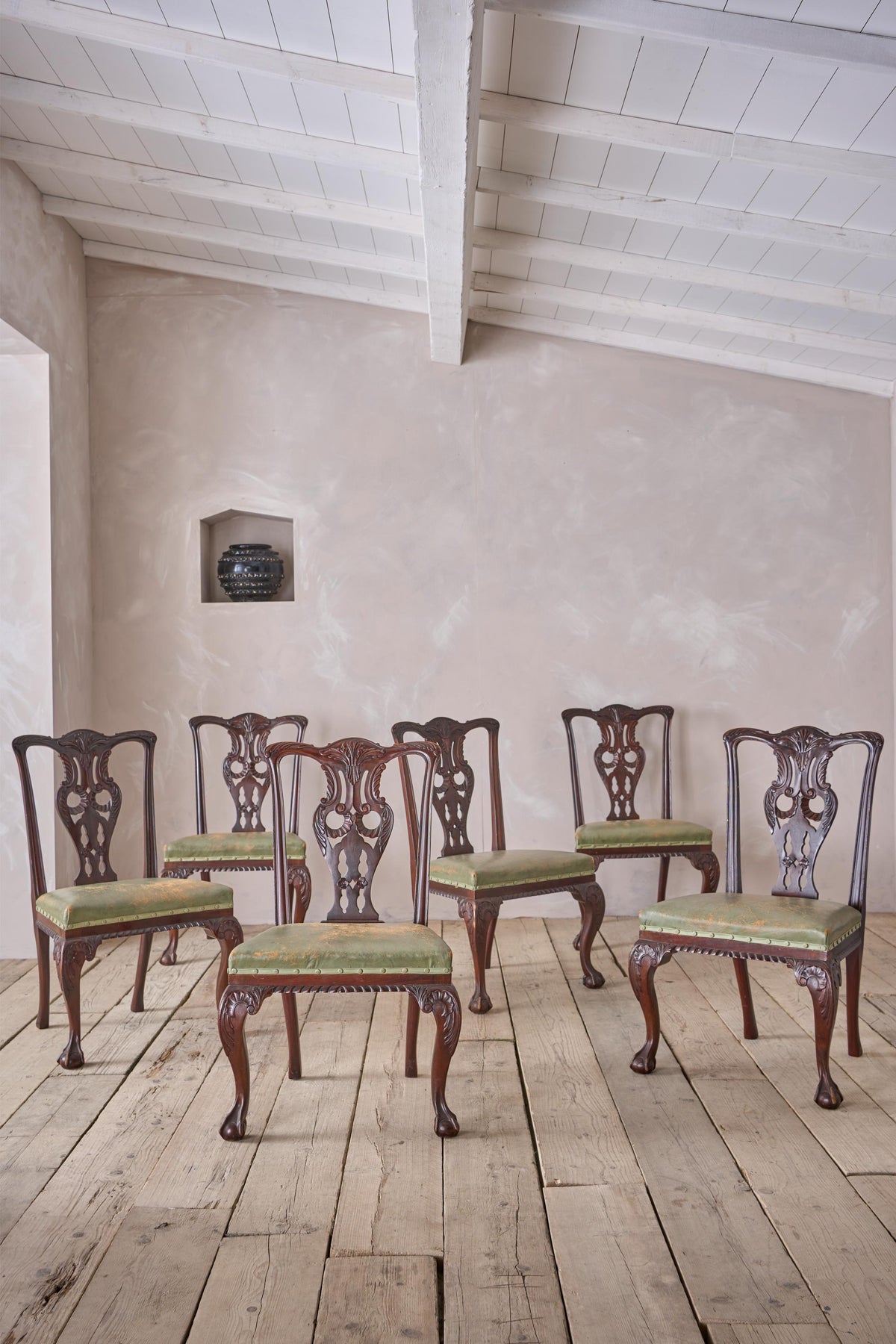 Set of 6 Jas Shoolbred Dining chairs in mint green leather - TallBoy Interiors