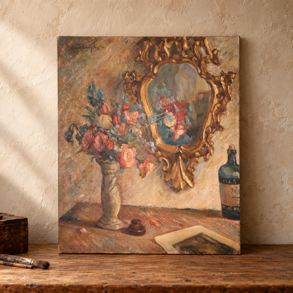 Early 20th century oil on canvas painting of a mirror with flowers - TallBoy Interiors