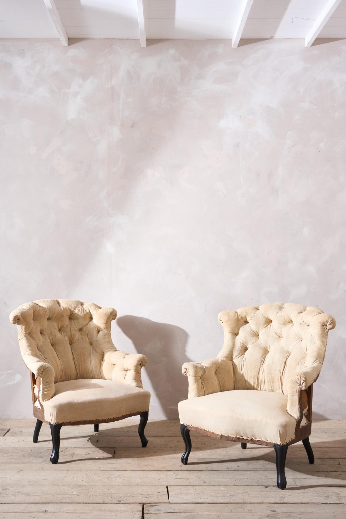 Pair of Napoleon III buttoned fishtail armchairs - TallBoy Interiors