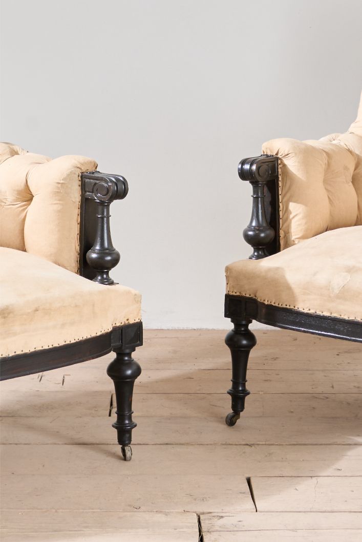 Pair of Napoleon III large buttoned shield back armchairs - TallBoy Interiors