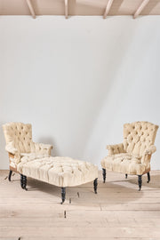 Rare Napoleon III pair of Buttoned back and seat armchairs with matching stool - TallBoy Interiors