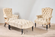 Rare Napoleon III pair of Buttoned back and seat armchairs with matching stool - TallBoy Interiors
