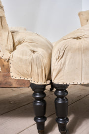 Rare Napoleon III pair of Buttoned back and seat armchairs with matching stool - TallBoy Interiors