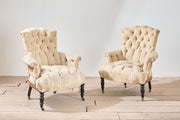 Rare Napoleon III pair of Buttoned back and seat armchairs with matching stool - TallBoy Interiors