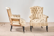 Rare Napoleon III pair of Buttoned back and seat armchairs with matching stool - TallBoy Interiors
