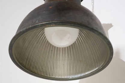 20th century patinated copper holophane pendant light