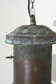 20th century patinated copper holophane pendant light