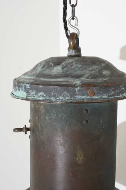 20th century patinated copper holophane pendant light