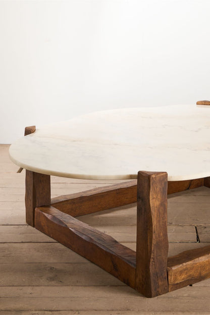 Large mid 20th century oak and polished stone coffee table