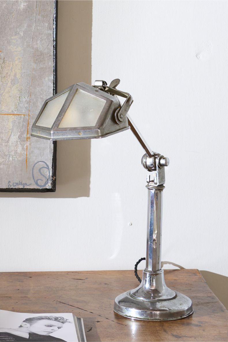 Art Deco Chrome desk lamp with frosted shade