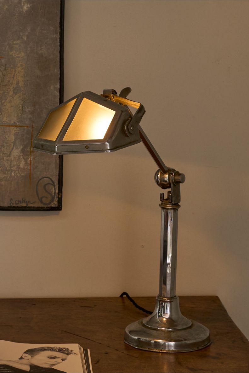 Art Deco Chrome desk lamp with frosted shade