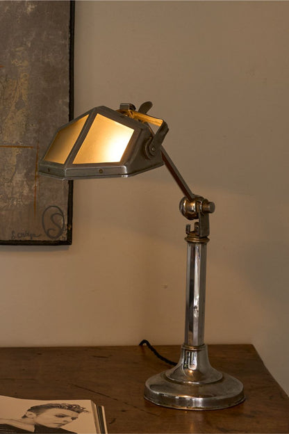 Art Deco Chrome desk lamp with frosted shade
