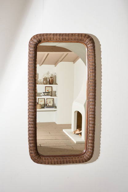 Large Vintage Italian Wicker wall mirror - Brown