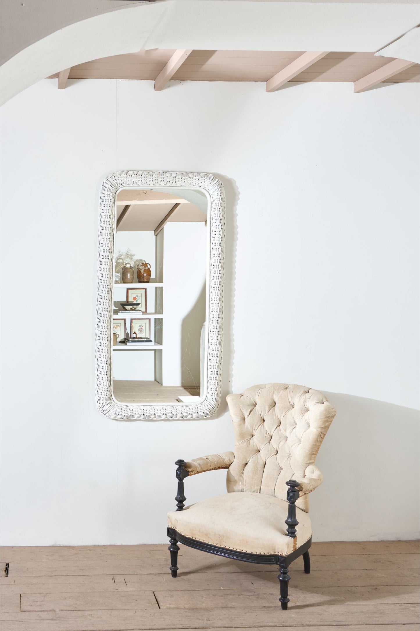 Large Vintage Italian wicker wall mirror - White