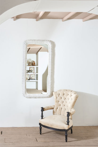 Large Vintage Italian wicker wall mirror - White