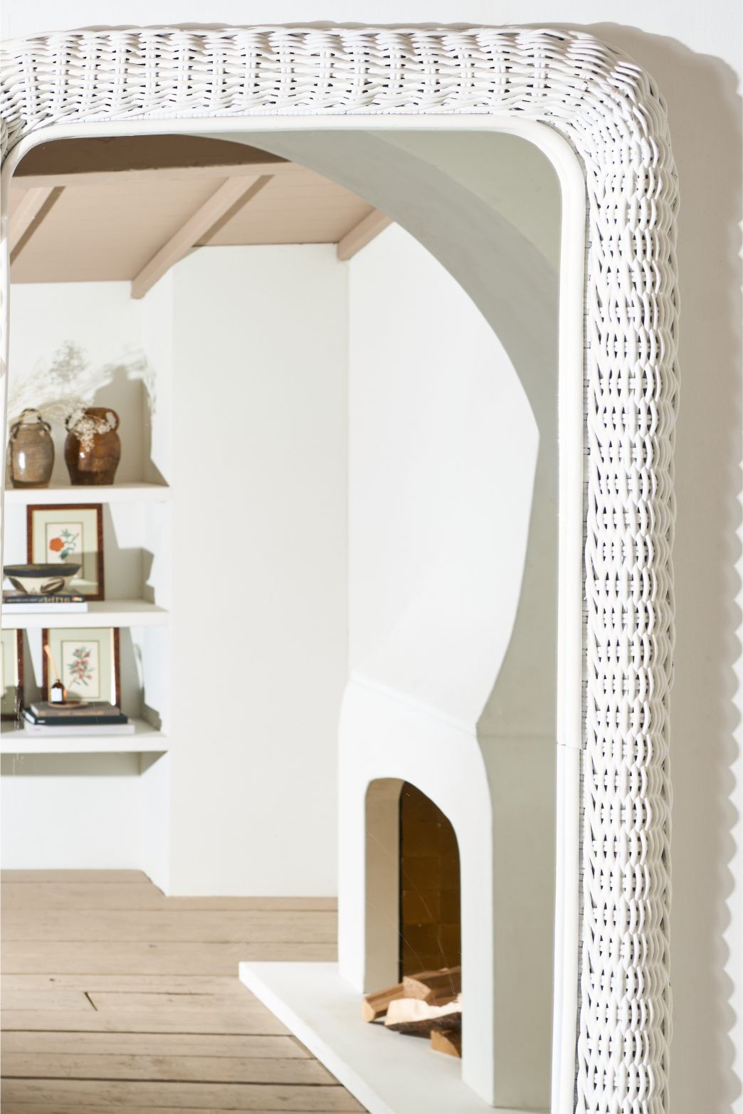 Large Vintage Italian wicker wall mirror - White - TallBoy Interiors