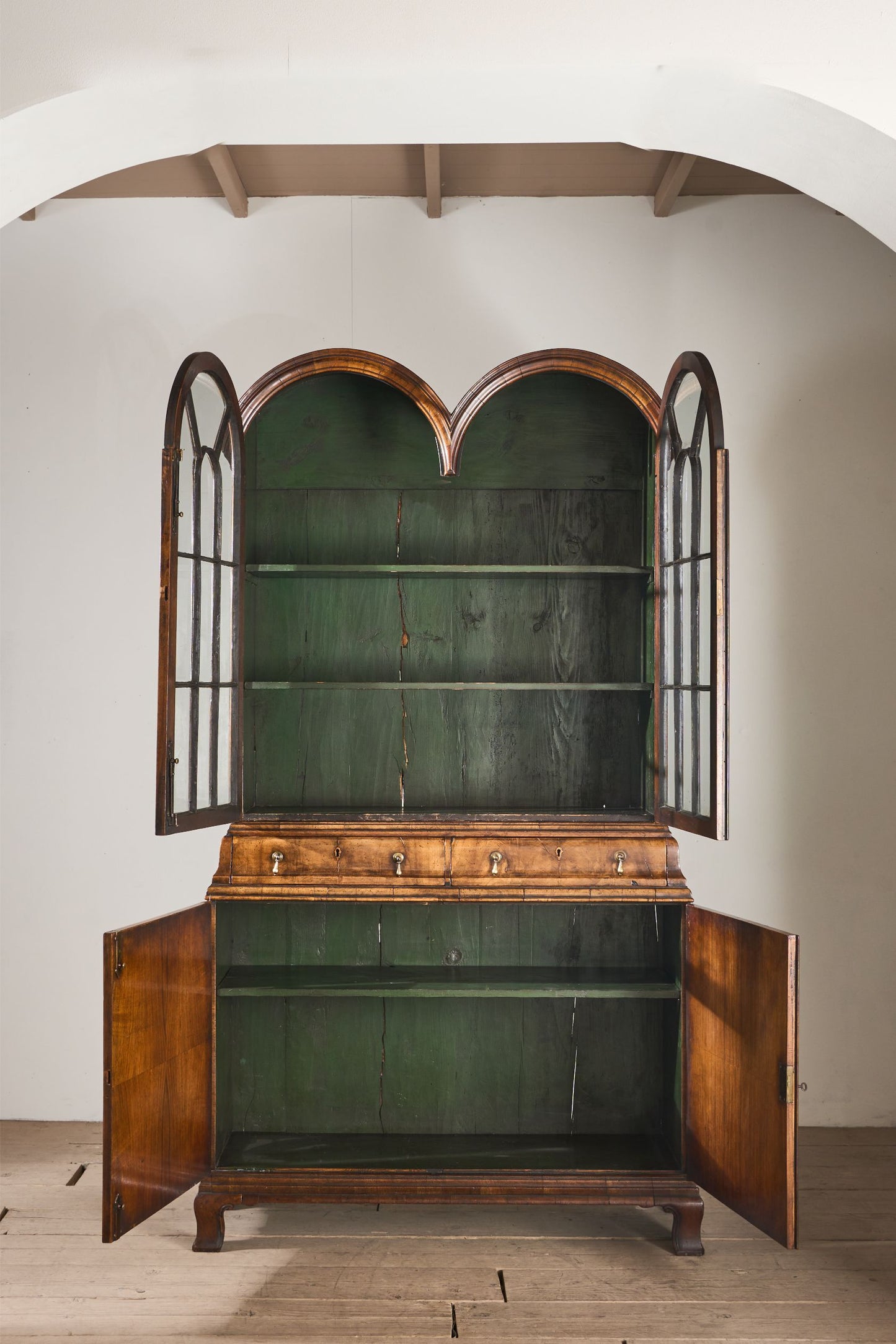19th century George I style double arched walnut cabinet