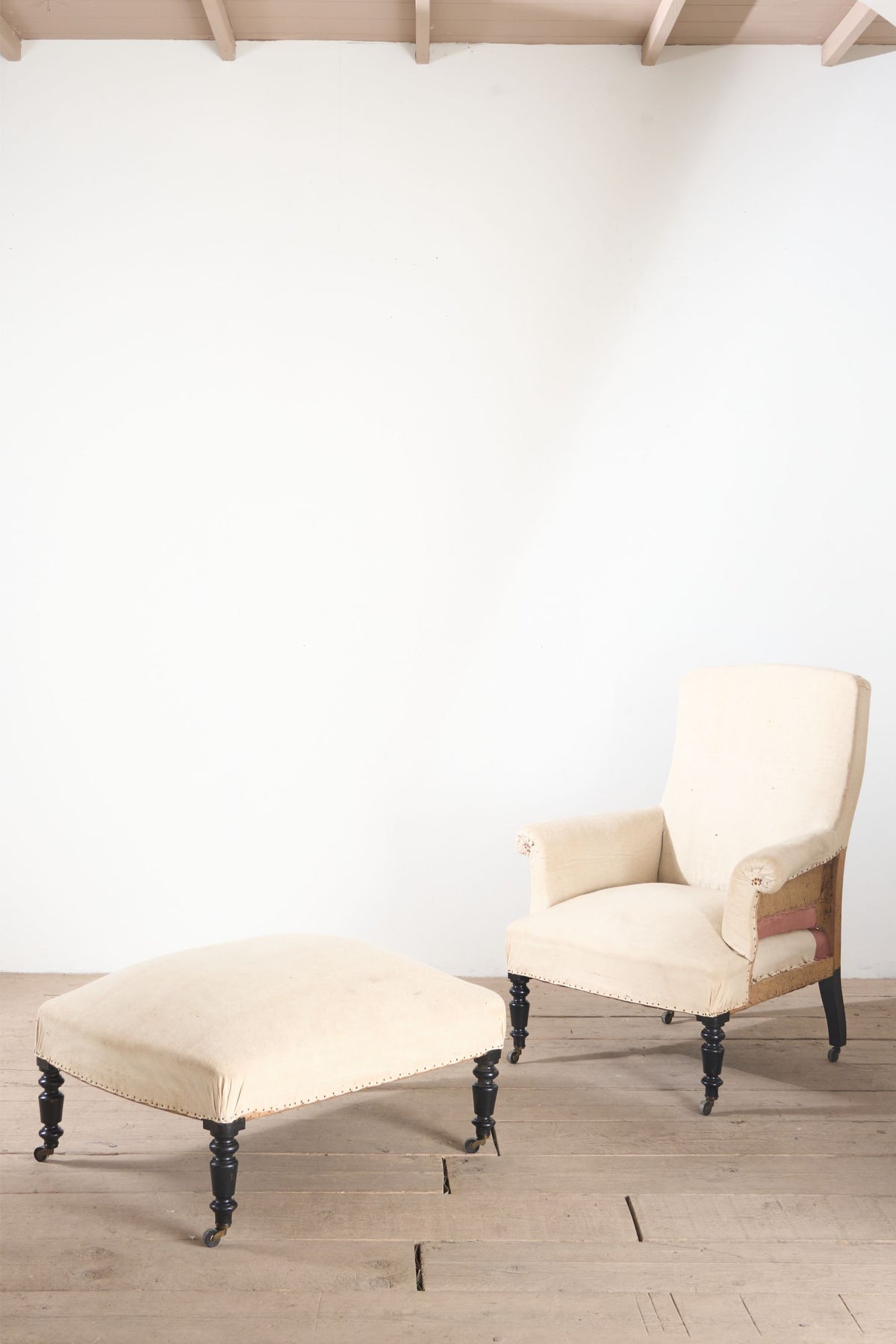 Napoleon III Square back armchair with matching footstool - TallBoy Interiors