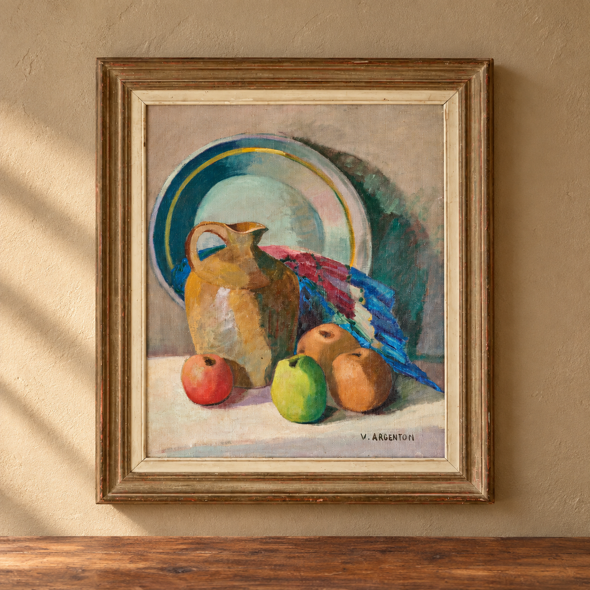 20th century oil on canvas still life painting by V Argenton - TallBoy Interiors