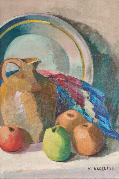 20th century oil on canvas still life painting by V Argenton