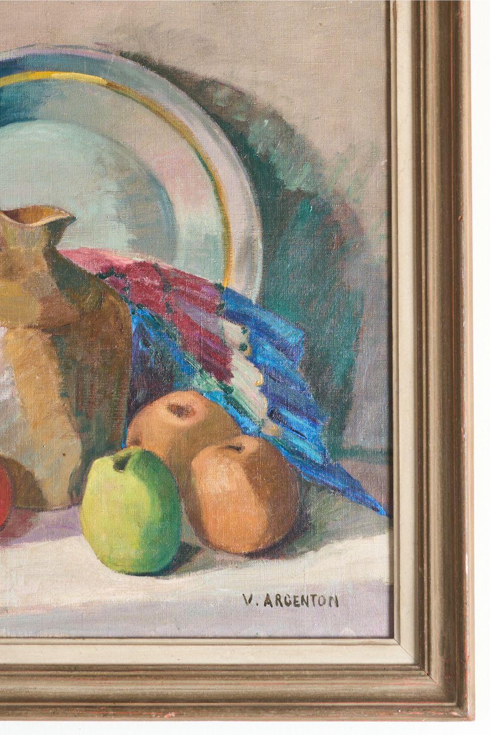20th century oil on canvas still life painting by V Argenton
