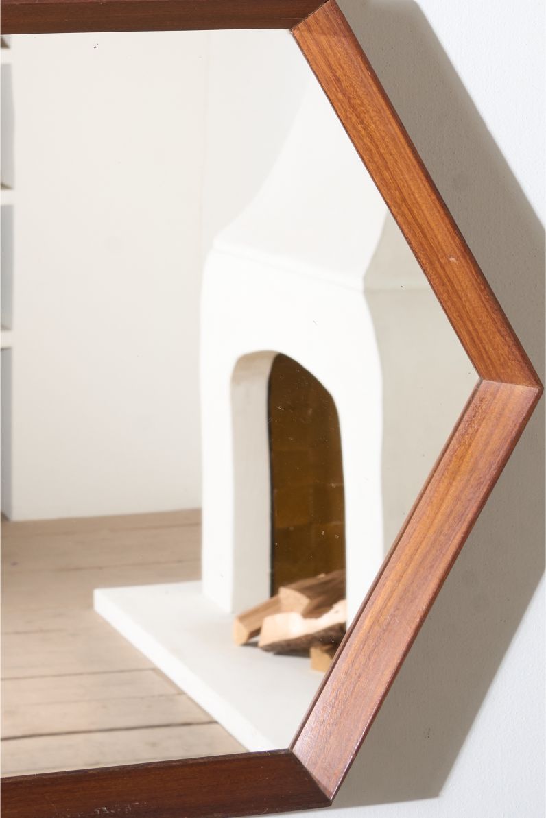 Mid 20th century solid teak Hexagonal mirror - No1