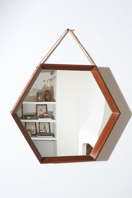 Mid 20th century Solid teak Hexagonal mirror - No2