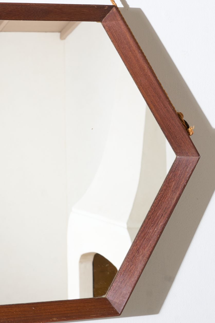 Mid 20th century Solid teak Hexagonal mirror - No3