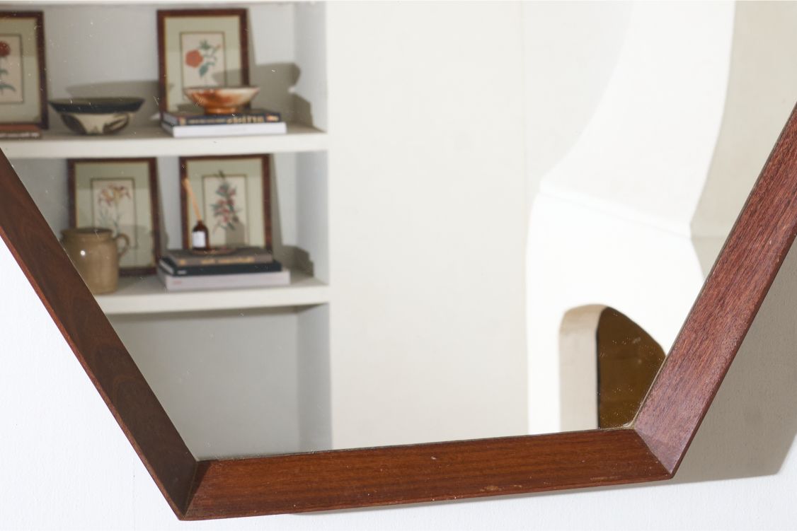 Mid 20th century Solid teak Hexagonal mirror - No3