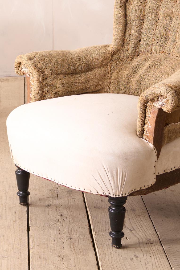 Pair of Napoleon III curved hessian back armchairs