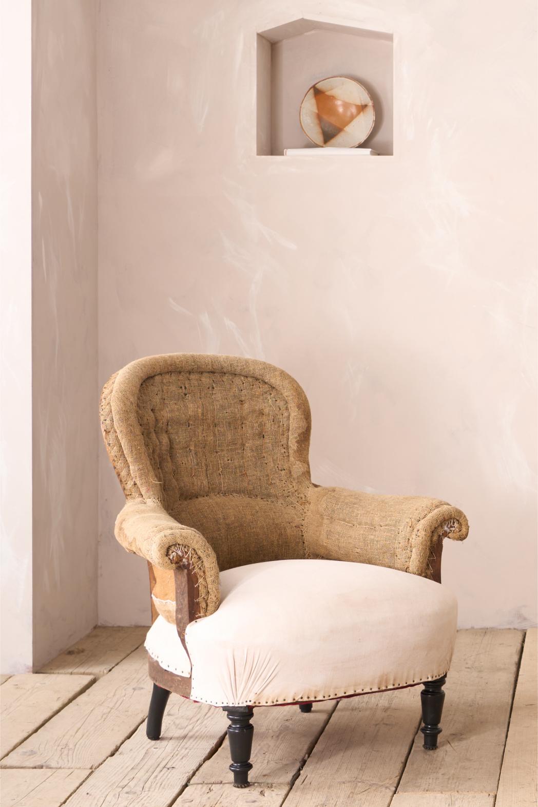 Pair of Napoleon III curved hessian back armchairs