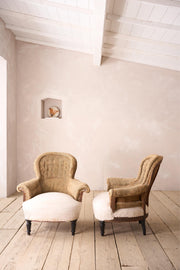 Pair of Napoleon III curved hessian back armchairs