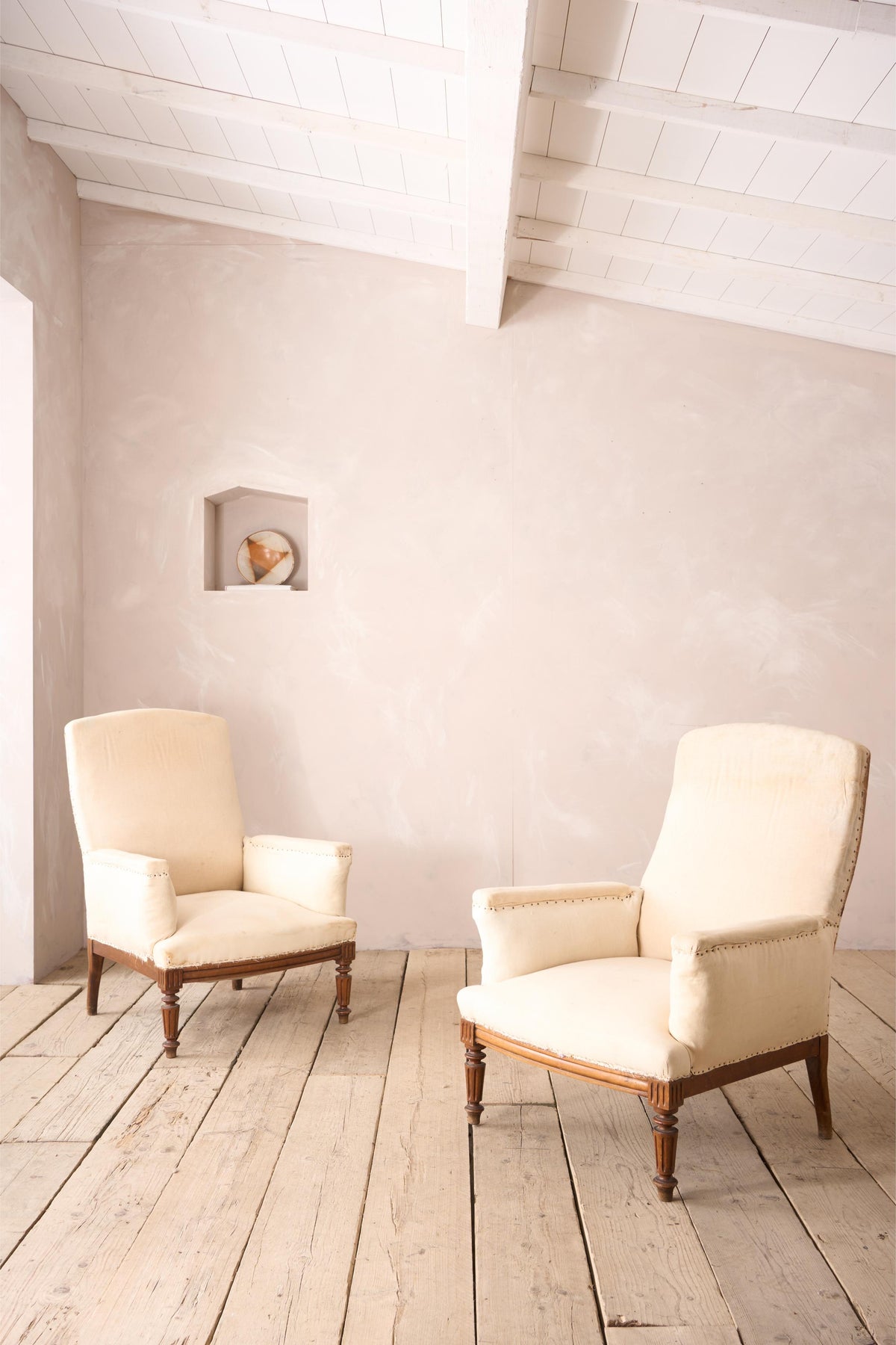 Pair of Unusual French square back armchairs with carved frames - TallBoy Interiors