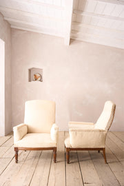 Pair of Unusual French square back armchairs with carved frames - TallBoy Interiors