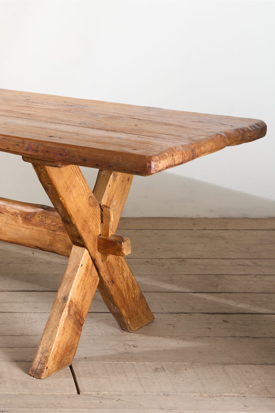 19th Century waney edged pine X frame tavern table - TallBoy Interiors