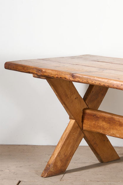 19th Century waney edged pine X frame tavern table - TallBoy Interiors